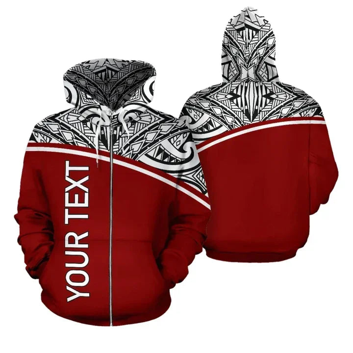 Custom zip-up hoodie with red and white tribal pattern design