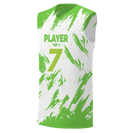 Custom white and green brushstroke print sports jersey with 'PLAYER 7' on the chest.