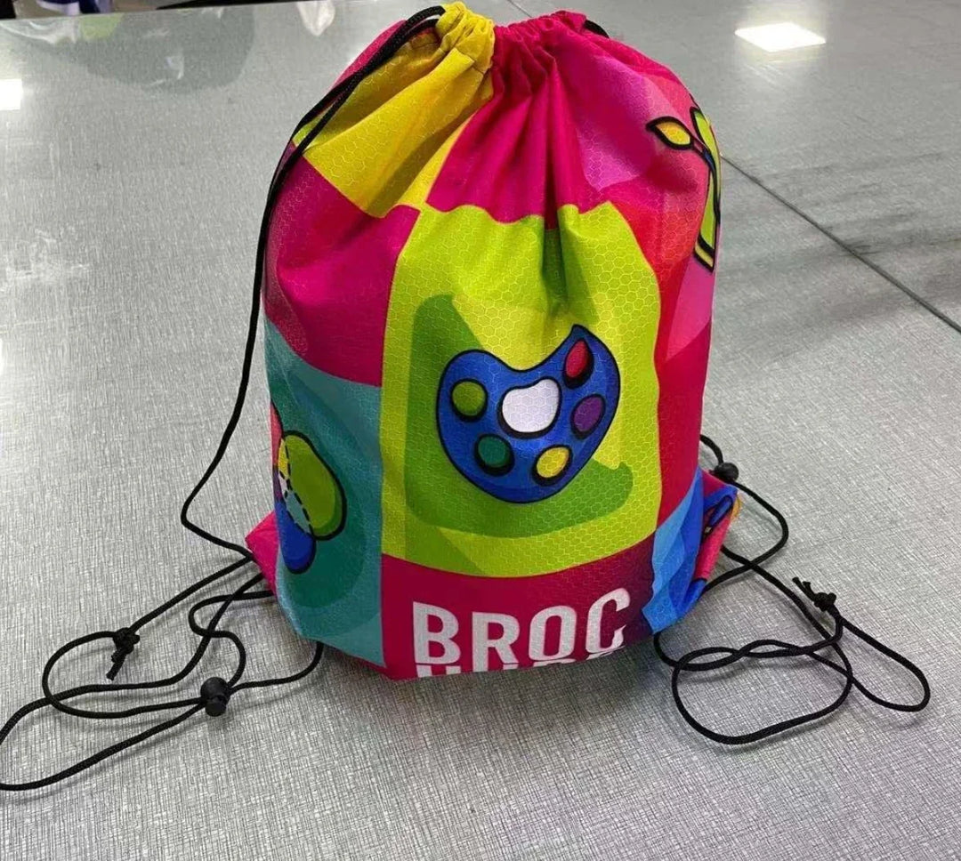 Colorful custom drawstring bag with art palette design and BROC text