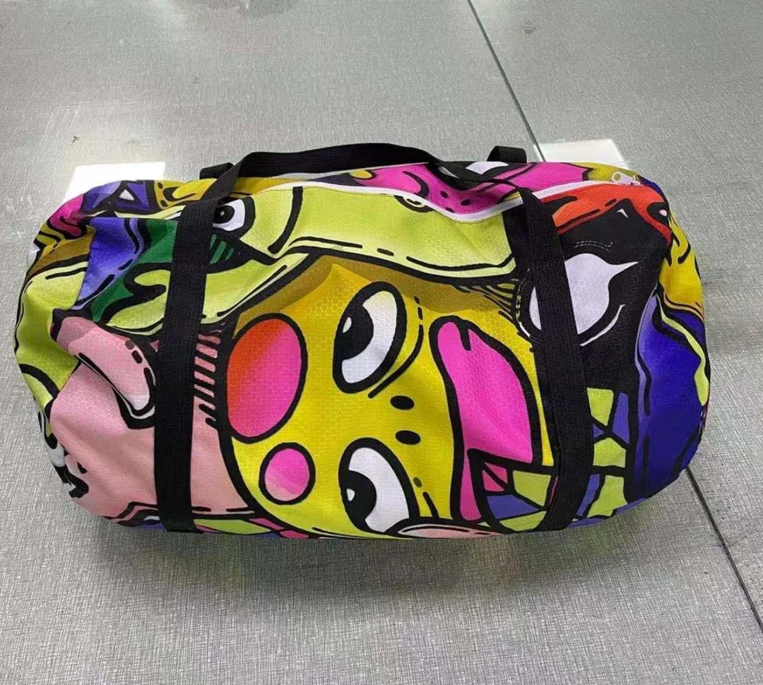 Custom colorful printed duffel bag with vibrant cartoon graphics