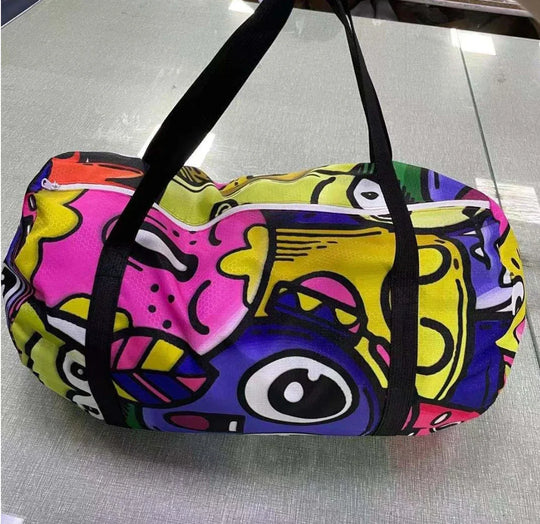 Colorful custom printed duffel bag with psychedelic graphic art and black straps