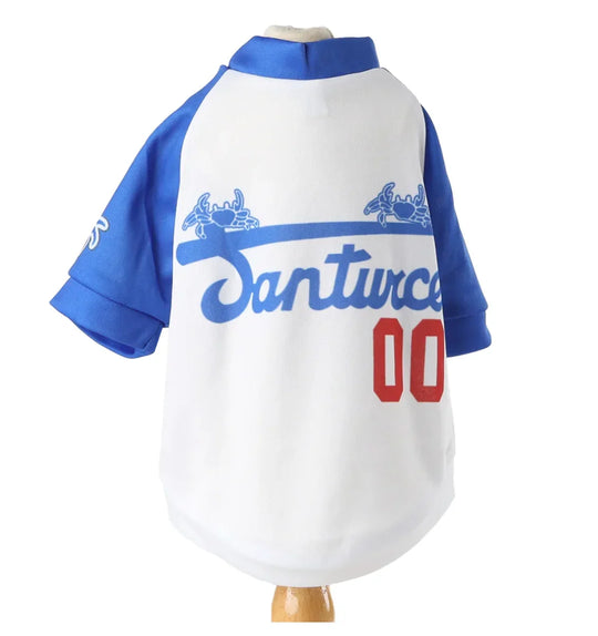 Custom white and blue baseball jersey with Santurce text and red number 00