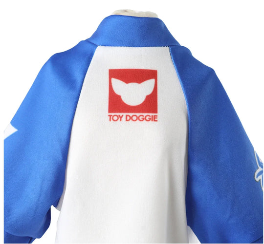 Back view of a blue and white custom apparel jacket featuring a Toy Doggie logo.