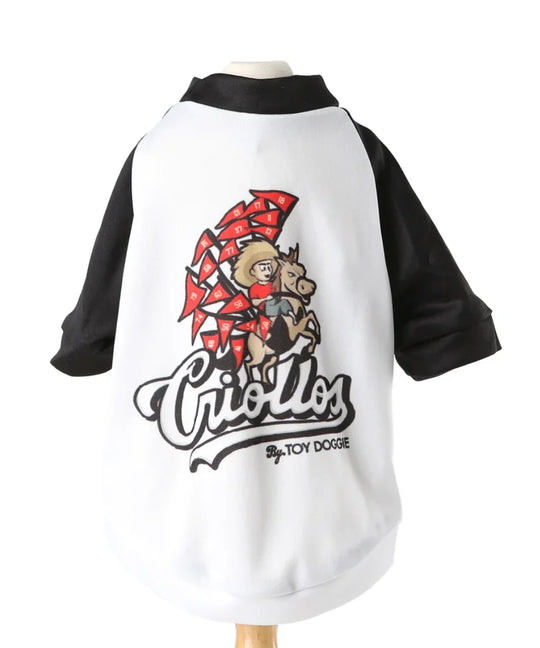 White and black custom apparel shirt featuring a Criollos graphic design