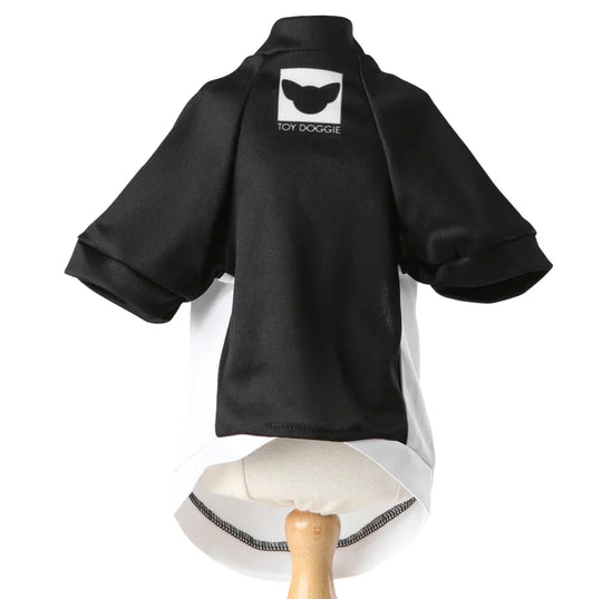 Black and white custom dog apparel with Toy Doggie logo on the back