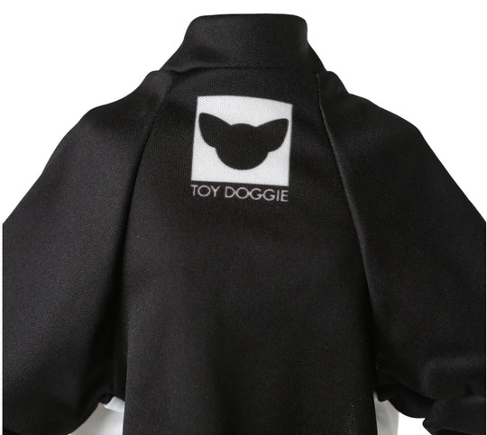Back view of a black custom apparel jacket with a 'Toy Doggie' logo