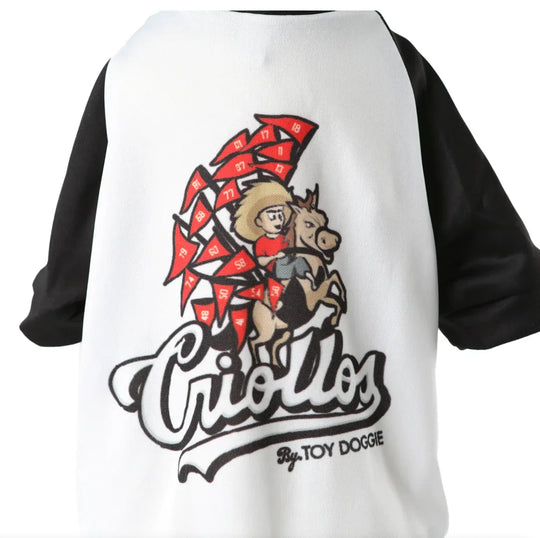 White and black baseball jersey with Criollos graphic and character illustration.