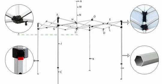 Diagram showing the structural components and frame assembly of a custom popup tent.