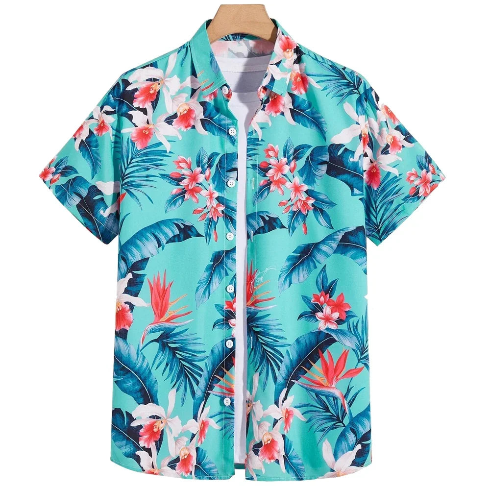 Men's short sleeve button-down shirt with a turquoise tropical floral and leaf print
