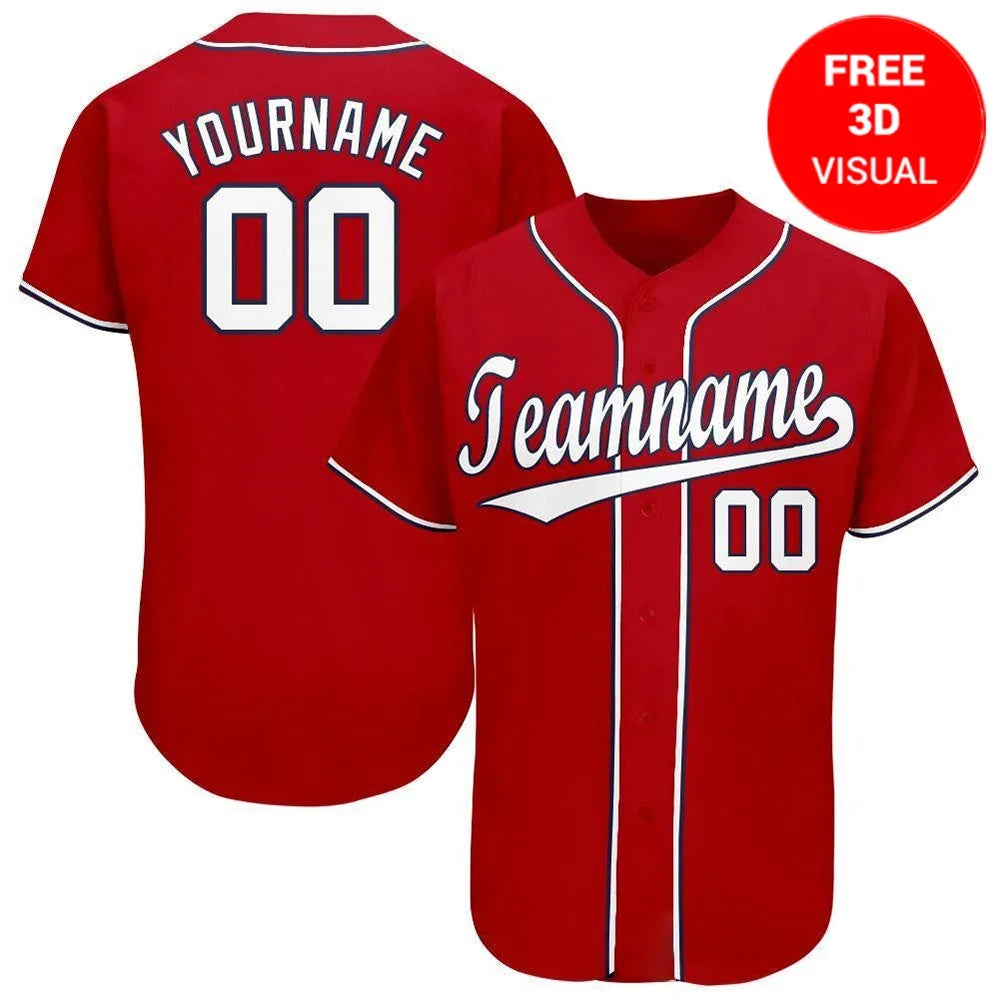 Front and back view of a customizable red baseball jersey with white piping and numbering.