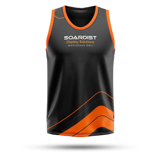 Custom black and orange athletic tank top with SOARDIST Display Solutions logo
