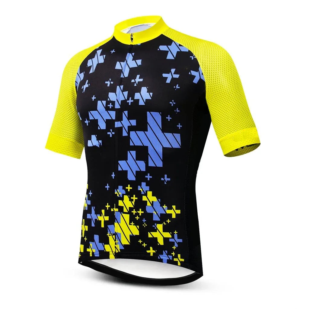 Short-sleeved cycling jersey with yellow sleeves and black, blue, and yellow geometric pattern
