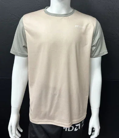 Two-tone beige and grey short-sleeve custom apparel t-shirt on a mannequin