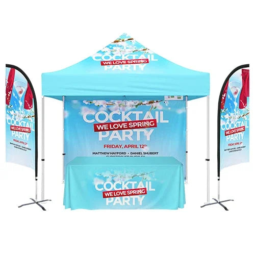 Custom event kit with a blue pop-up tent, matching table cover, and feather flags.