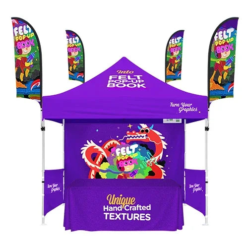 Custom purple event kit with pop-up tent, table cover, and feather flags