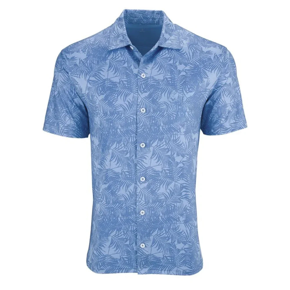 Light blue short-sleeved button-down shirt with a white tropical leaf print