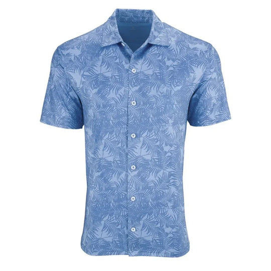 Light blue short-sleeved button-down shirt with a white tropical leaf print
