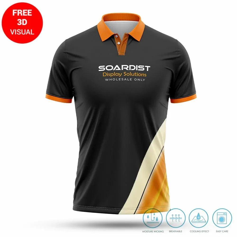 Black custom polo shirt with orange accents and Soardist Display Solutions logo