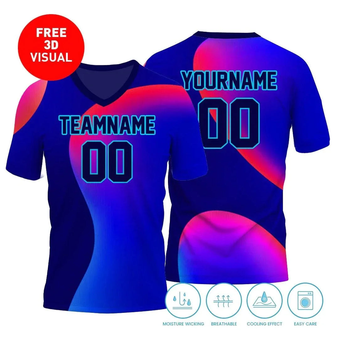Custom blue and purple gradient athletic jersey with team name and number placeholders.