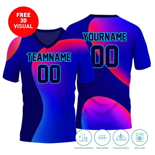 Custom blue and purple gradient athletic jersey with team name and number placeholders.
