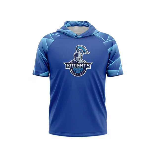 Blue short-sleeve hooded athletic shirt with Knights Basketball logo