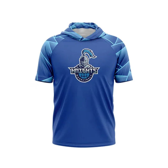 Blue short-sleeve hooded athletic shirt with Knights Basketball logo
