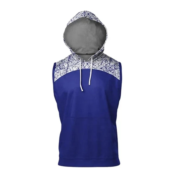 Custom blue sleeveless hoodie with a white and blue patterned hood and shoulders