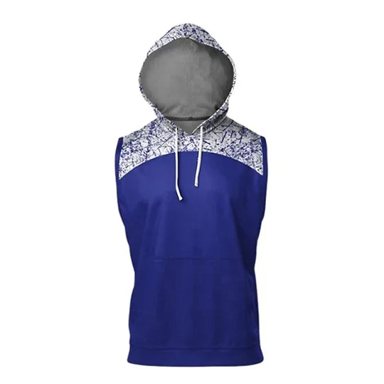 Custom blue sleeveless hoodie with a white and blue patterned hood and shoulders