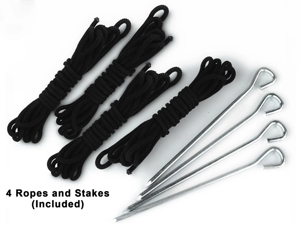 Set of four black nylon ropes and four silver metal tent stakes.