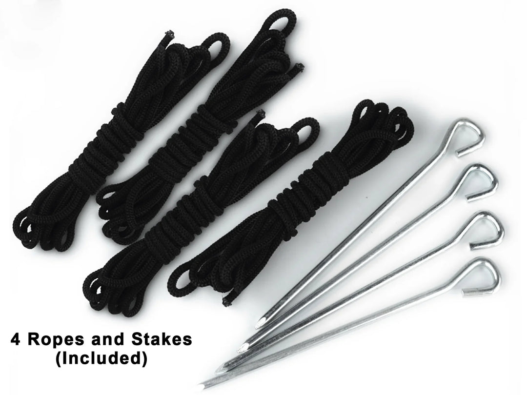 Set of four black nylon ropes and four silver metal tent stakes.
