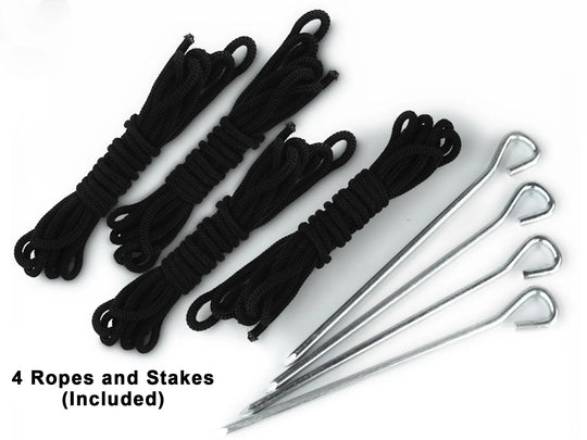 Set of four black nylon ropes and four silver metal tent stakes.