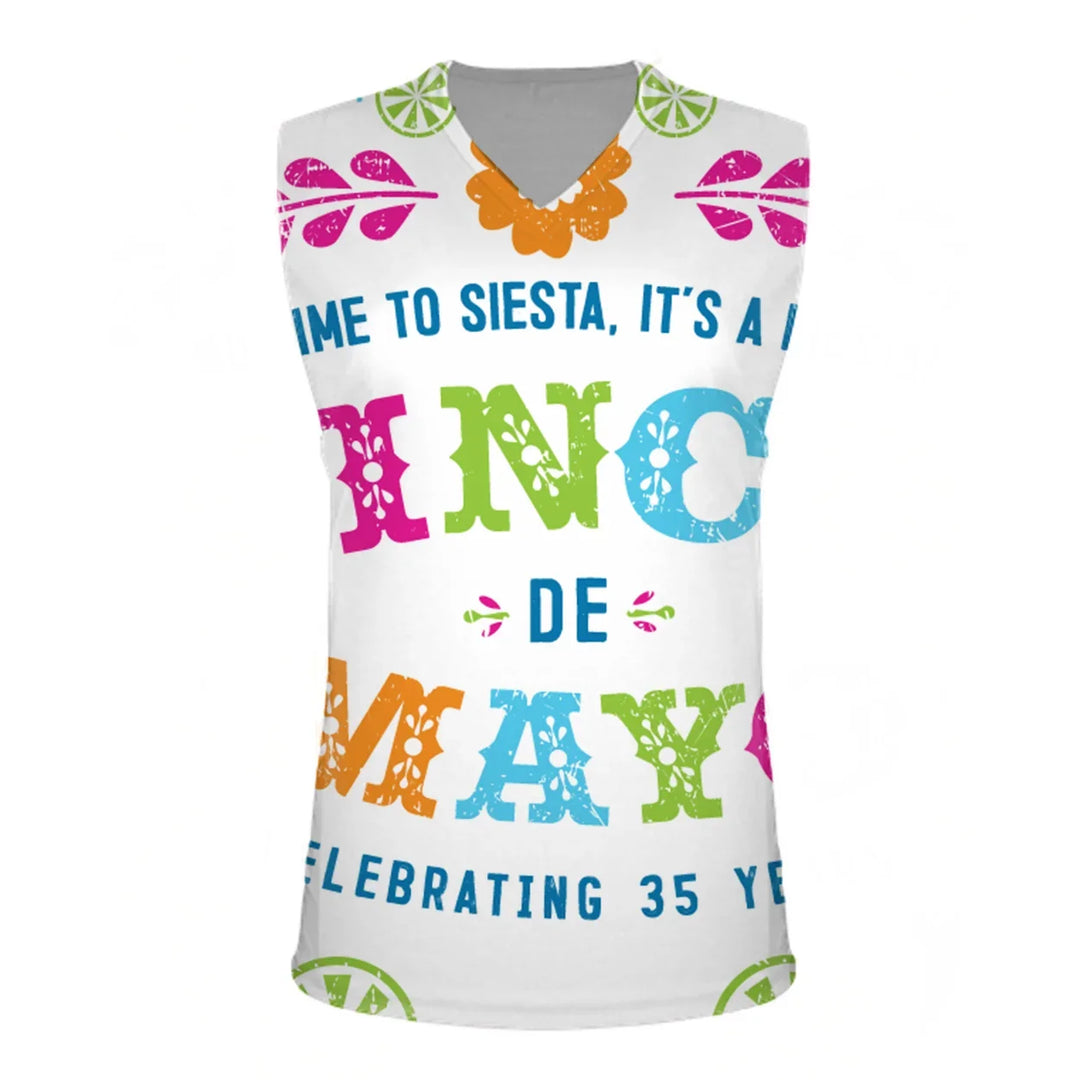 White sleeveless shirt with colorful Cinco de Mayo graphic and festive patterns